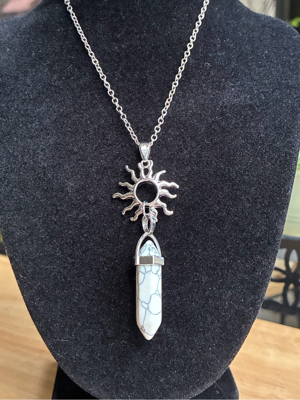 Celestial Sunburst & White Howlite Crystal Point Necklace | Silver Boho Pendant